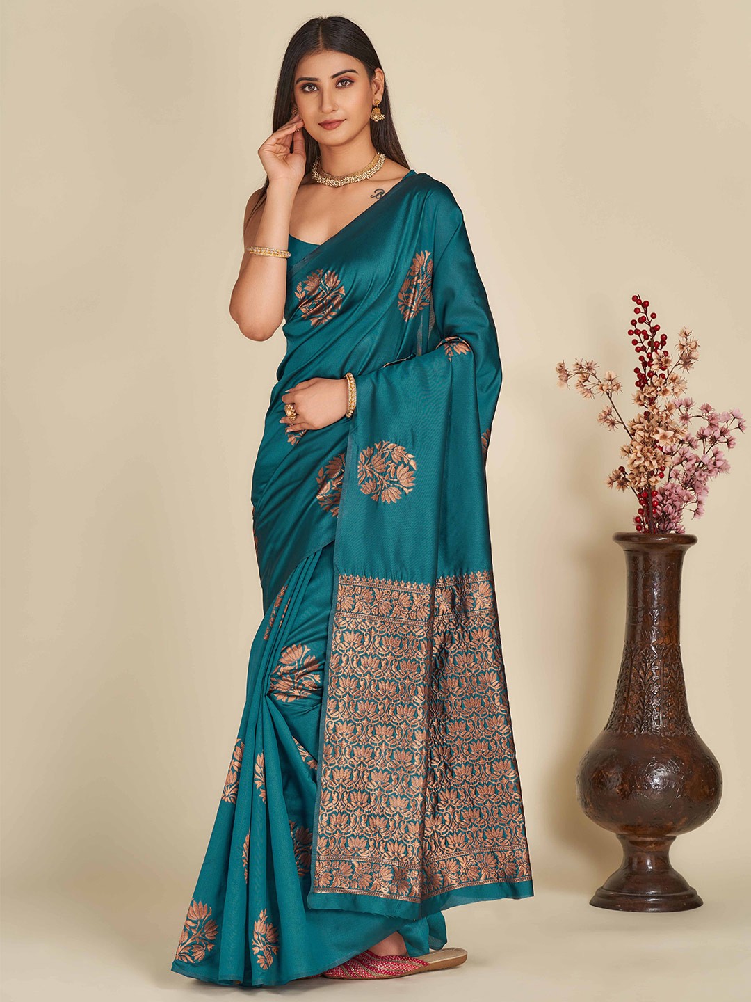 

ZIKARAA Floral Zari Pure Silk Banarasi Saree, Turquoise blue