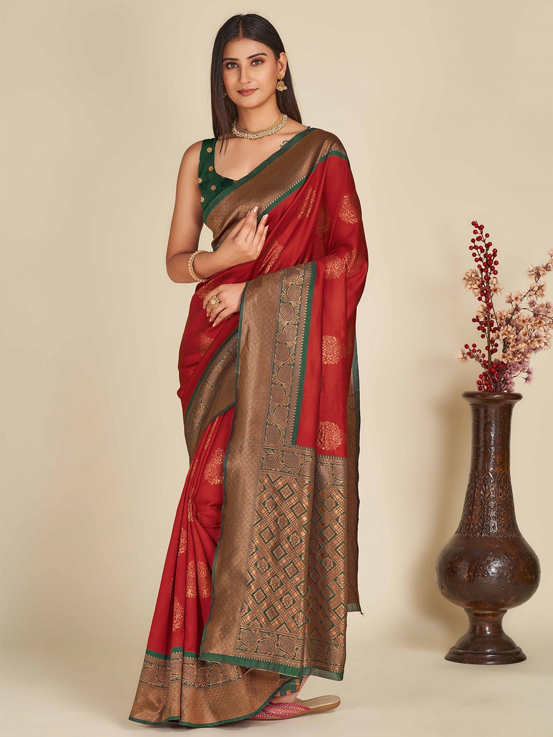 

ZIKARAA Ethnic Motif Zari Pure Silk Banarasi Saree, Red