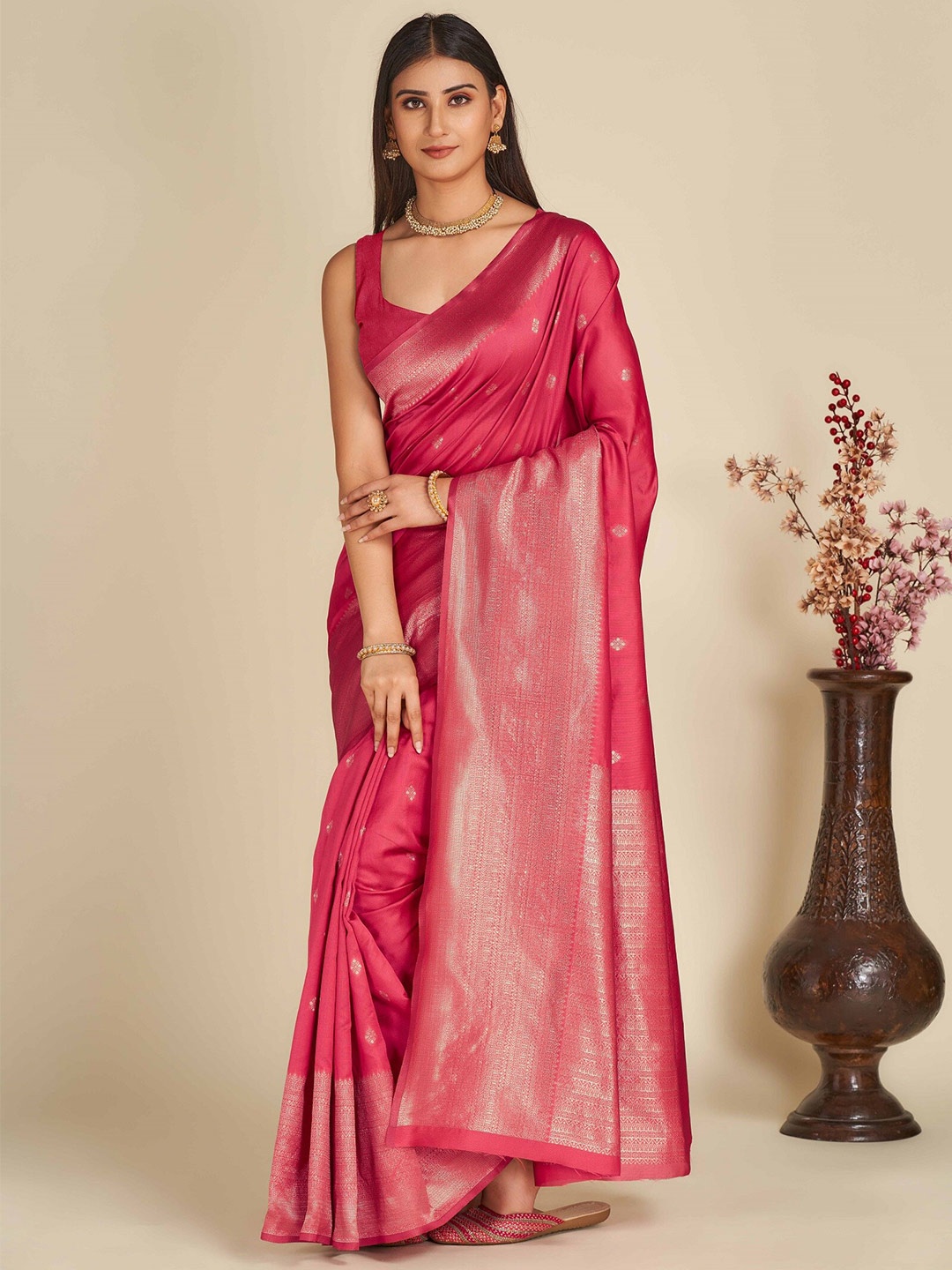 

ZIKARAA Ethnic Motif Zari Pure Silk Banarasi Saree, Pink