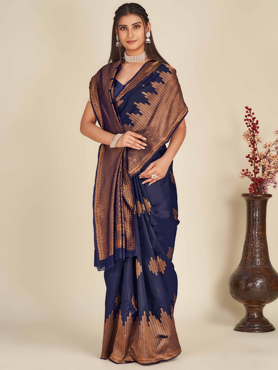 

ZIKARAA Ethnic Motif Zari Pure Silk Banarasi Saree, Navy blue