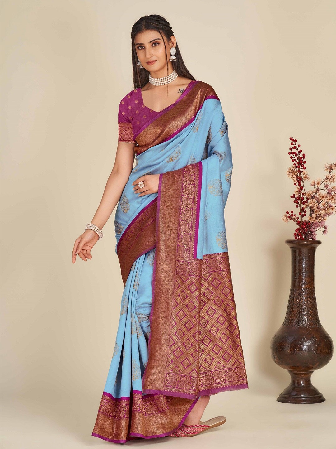 

ZIKARAA Ethnic Motif Zari Pure Silk Banarasi Saree, Blue