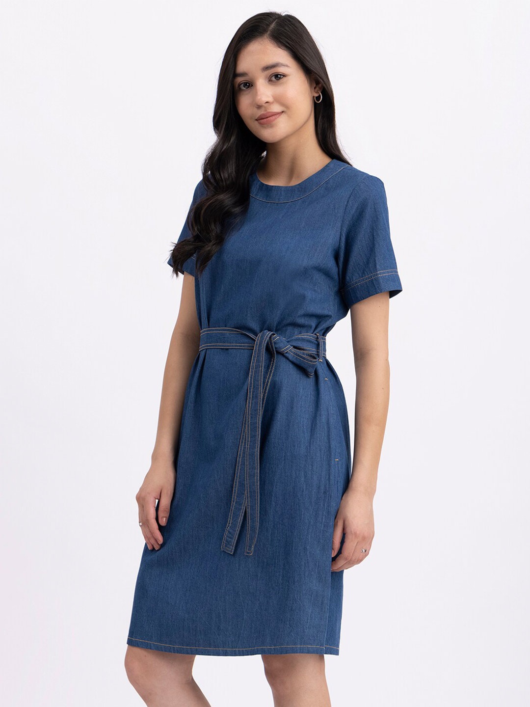 

FableStreet Round Neck Denim A-Line Dress With Belt, Navy blue