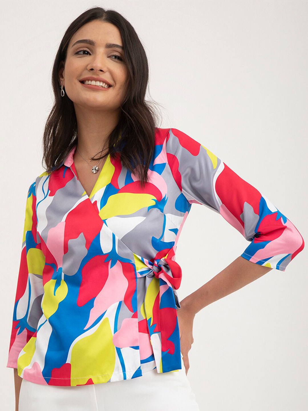 

FableStreet Shirt Collar Printed Wrap Top, Blue