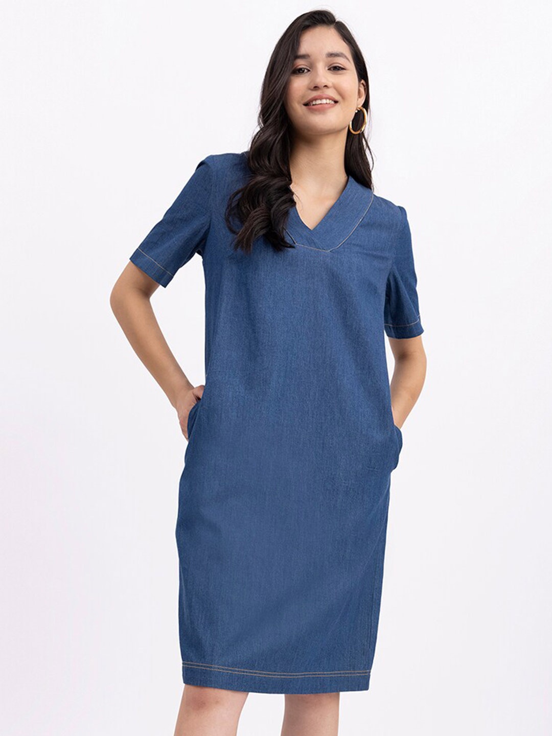 

FableStreet V-Neck Denim Sheath Dress, Navy blue