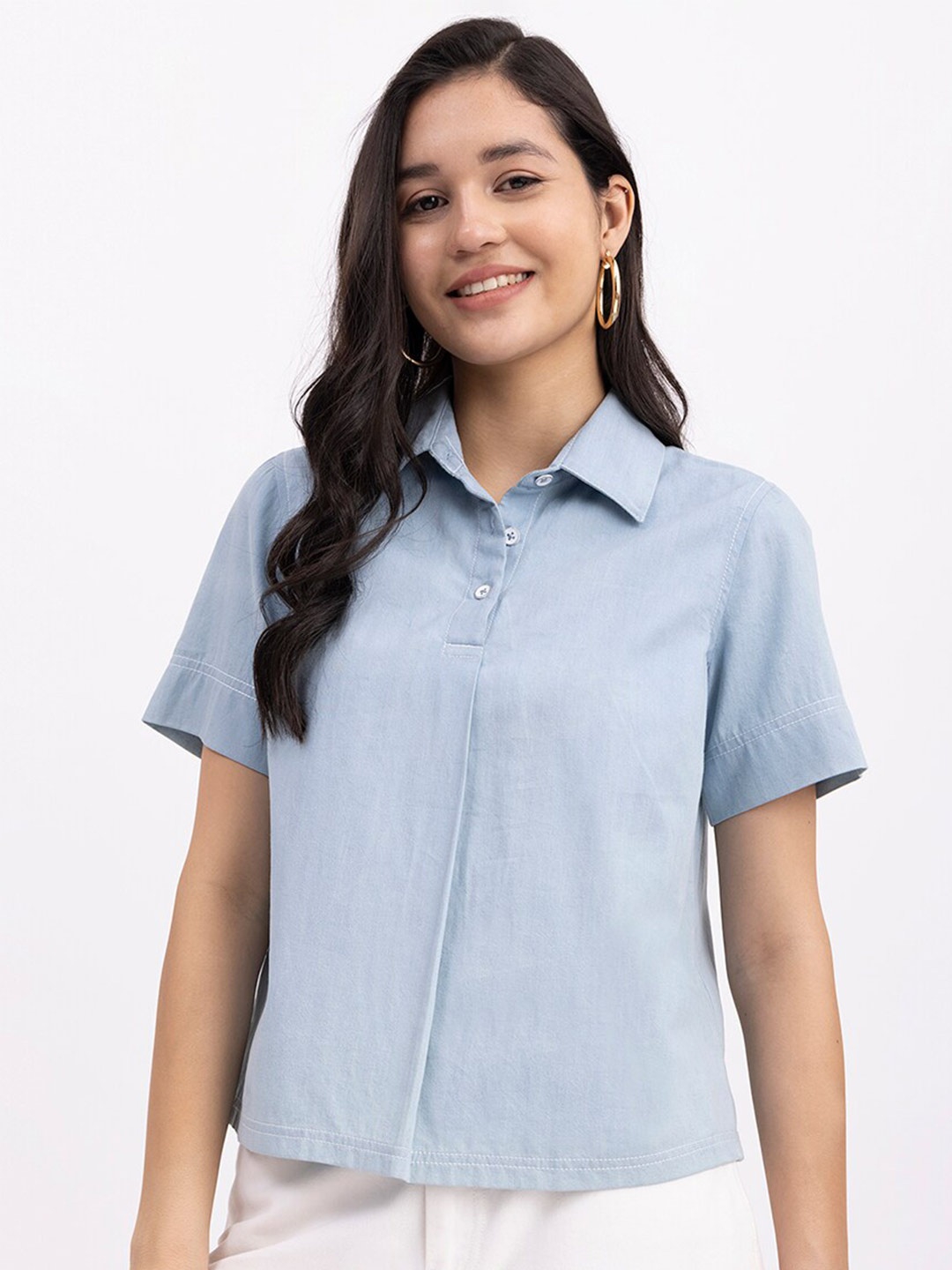 

FableStreet Shirt Collar Pure Cotton Denim Shirt Style Top, Blue