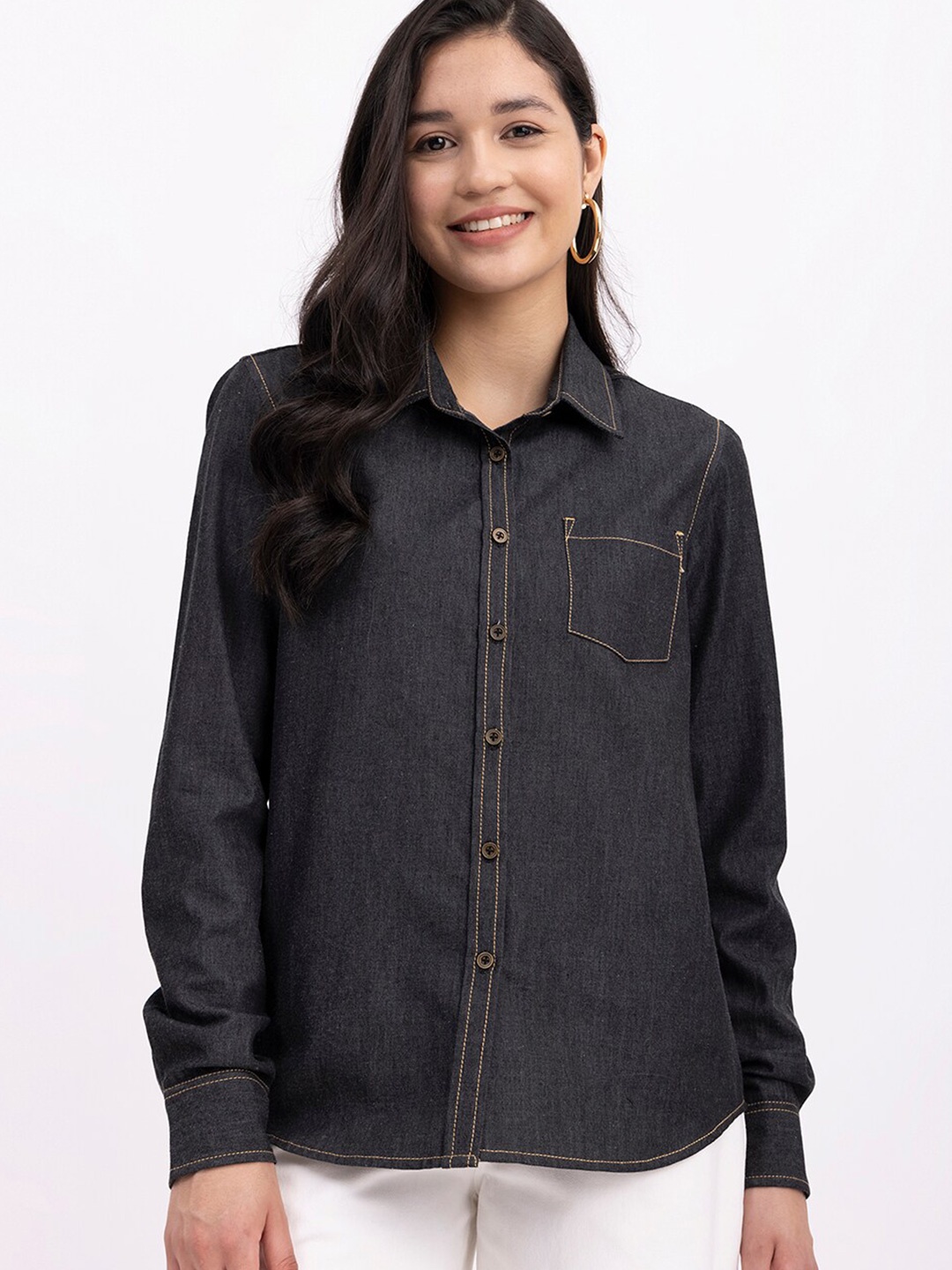 

FableStreet Relaxed-Fit Boxy Denim Cotton Opaque Casual Shirt, Blue