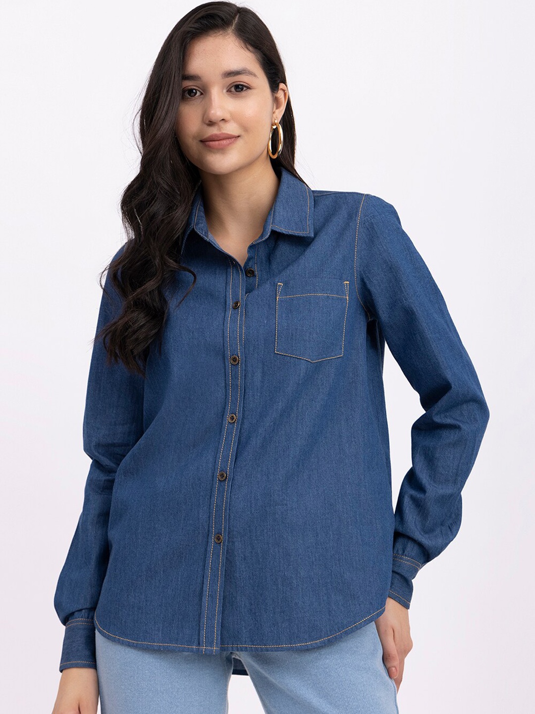 

FableStreet Relaxed-Fit Boxy Denim Cotton Opaque Casual Shirt, Blue