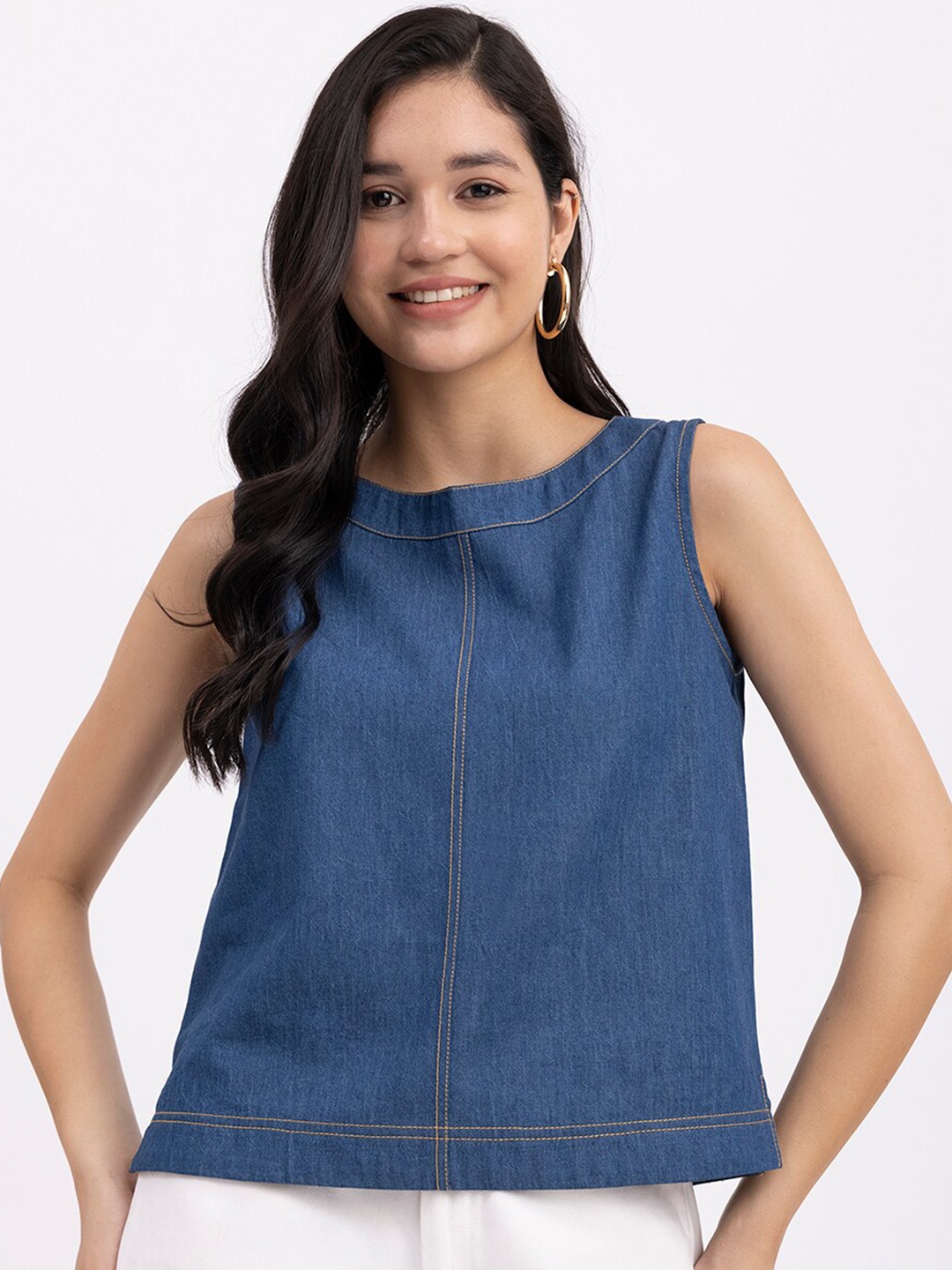 

FableStreet Sleeveless A-Line Pure Cotton Top, Navy blue