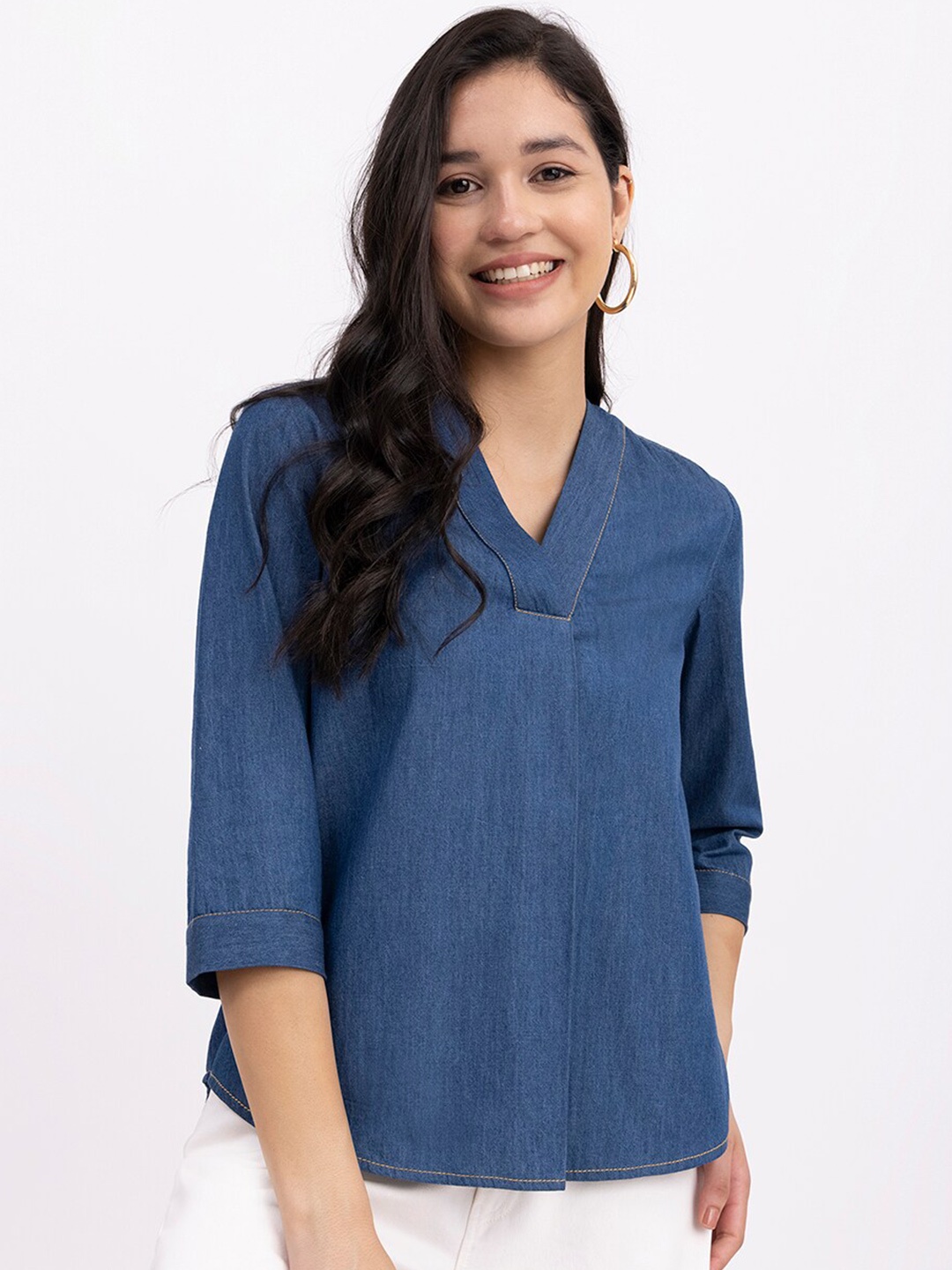 

FableStreet V-Neck Pure Cotton Denim Top, Navy blue