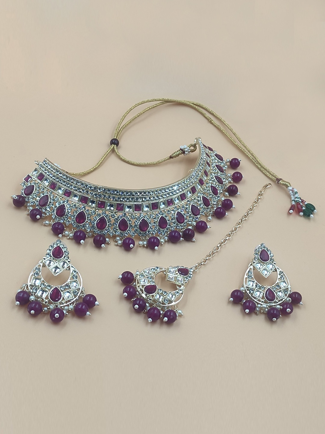 

Rhymee Gold-Plated Kundan Studded Drop Choker Jewellery Set