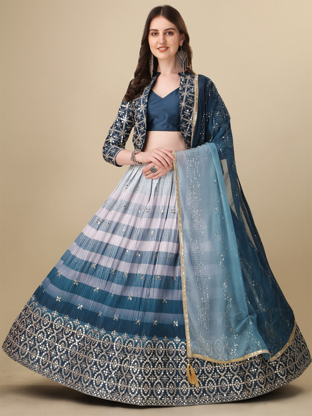 

Amrutam Fab Embroidered Sequinned Semi-Stitched Lehenga Choli With Dupatta And Jacket, Turquoise blue