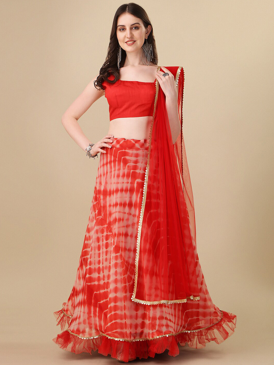 

Amrutam Fab Tie And Dye Semi-Stitched Lehenga Choli With Dupatta, Red