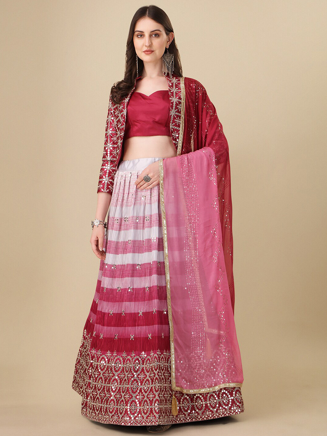 

Amrutam Fab Embroidered Sequinned Semi-Stitched Lehenga Choli With Dupatta And Jacket, Pink