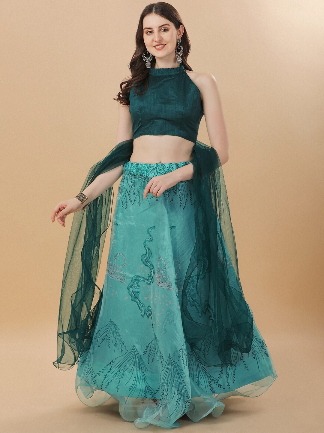 

Amrutam Fab Printed Organza Semi-Stitched Lehenga Choli With Dupatta, Turquoise blue