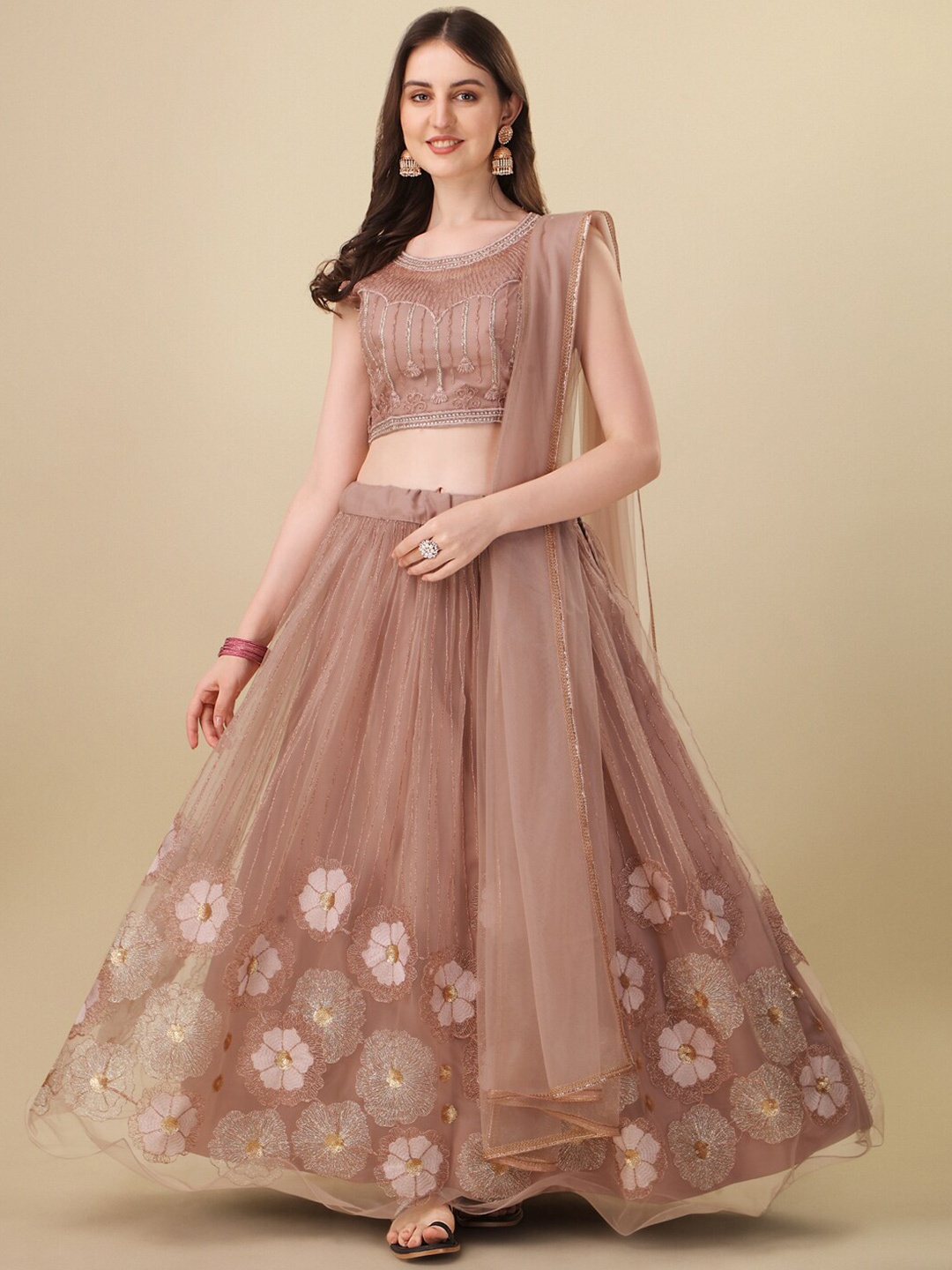 

Amrutam Fab Floral Embroidered Thread Work Semi-Stitched Lehenga Choli With Dupatta, Brown