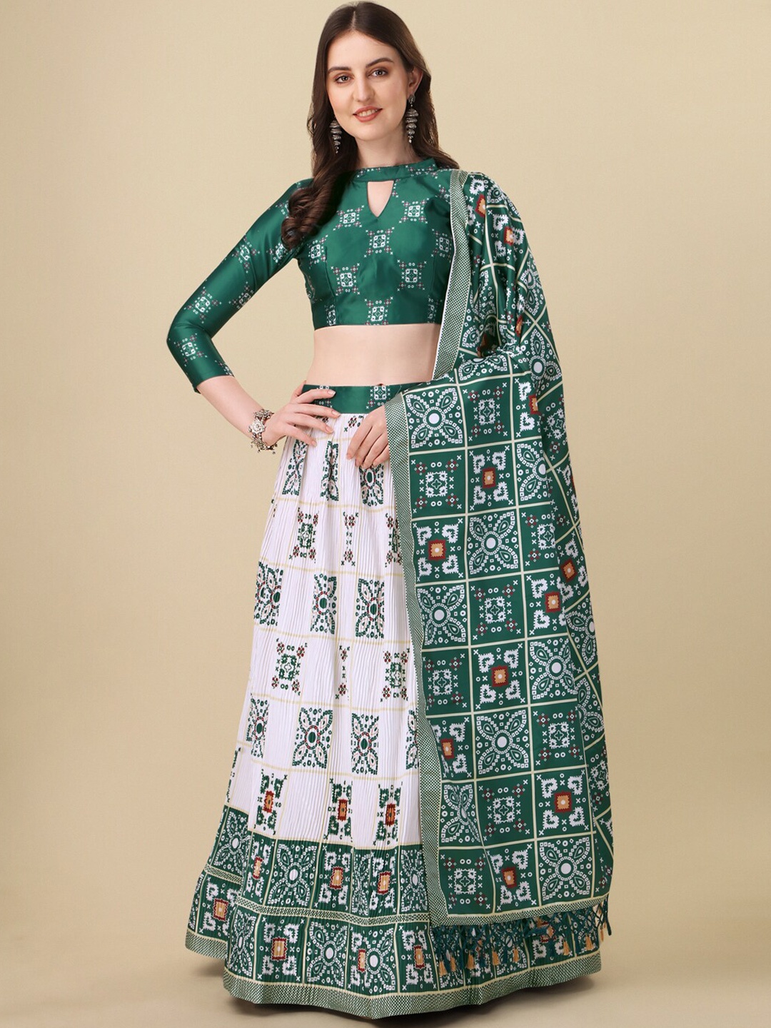 

Amrutam Fab Printed Semi-Stitched Satin Crush Lehenga Choli With Dupatta, Green