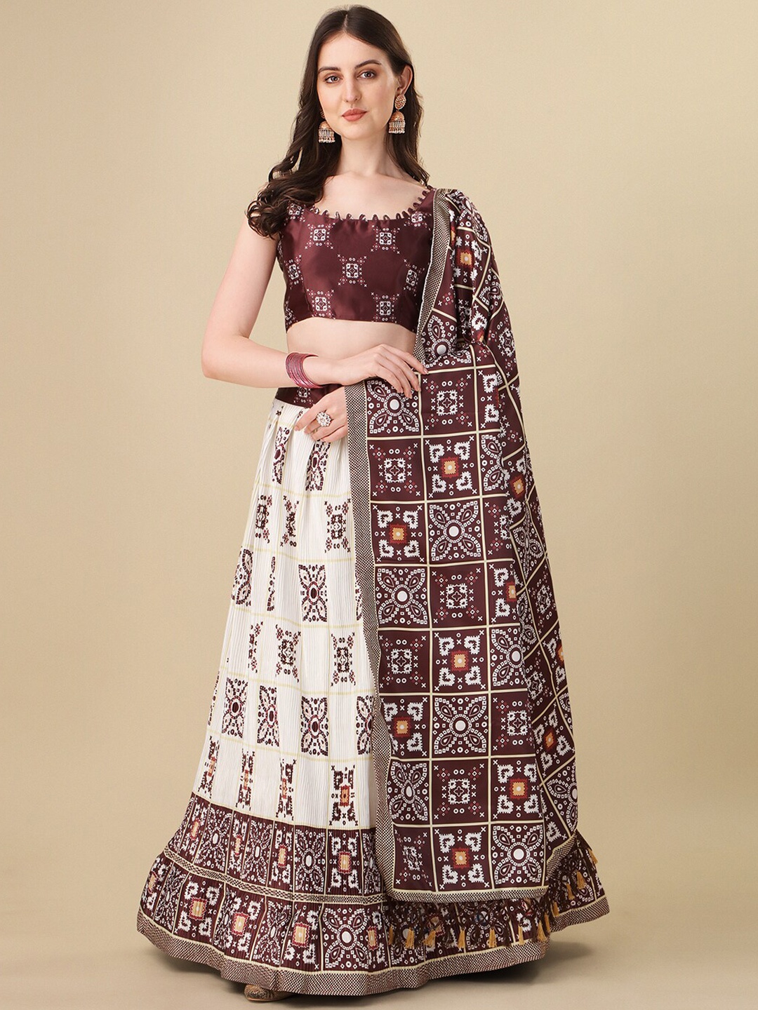 

Amrutam Fab Printed Semi-Stitched Crush Satin Lehenga Choli With Dupatta, Brown