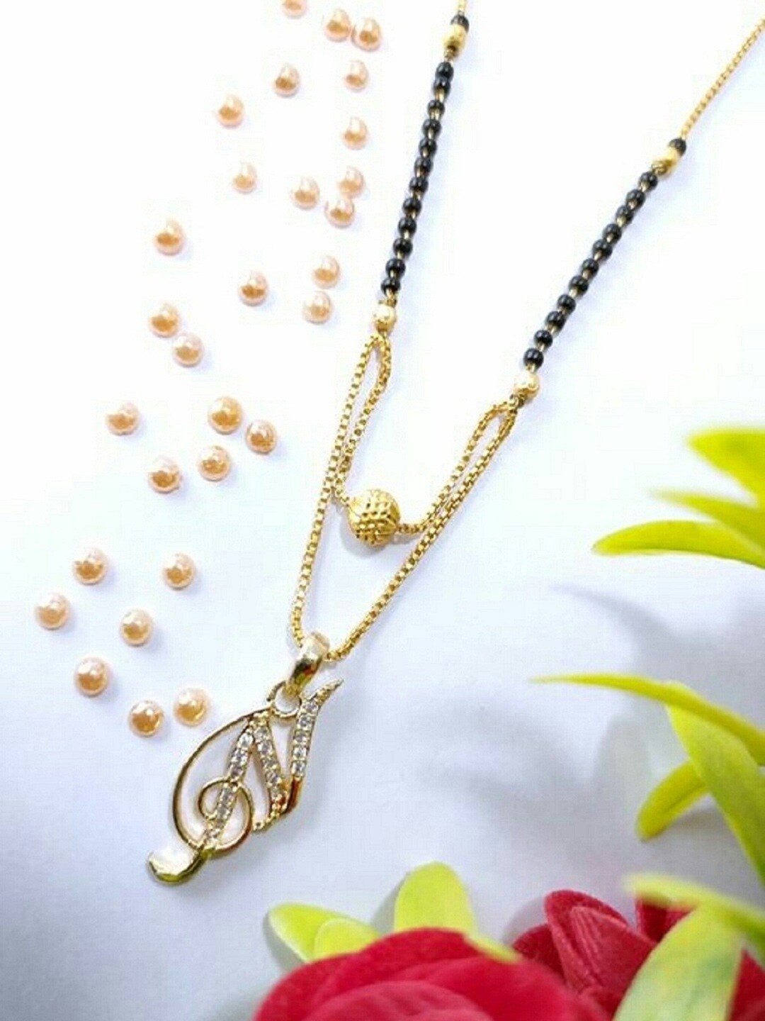 

JEWEL WORLD Gold-Plated Stone Stone-Studded & Alphabet N Charm Mangalsutra