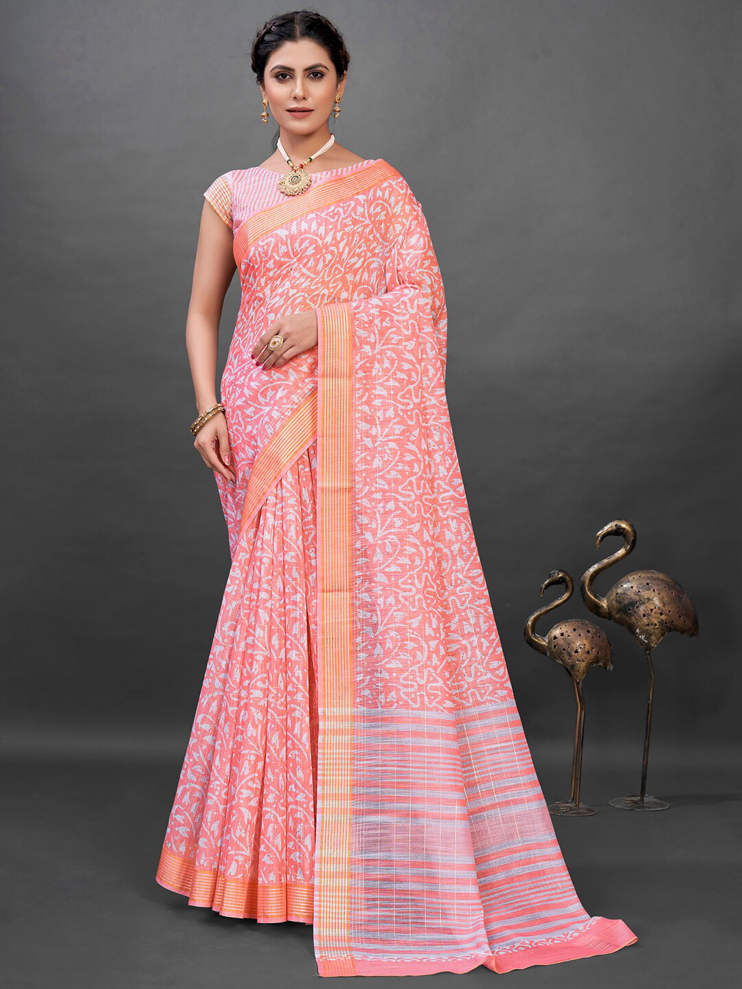 

Mitera Peach-Coloured & White Ethnic Motifs Block Print Saree