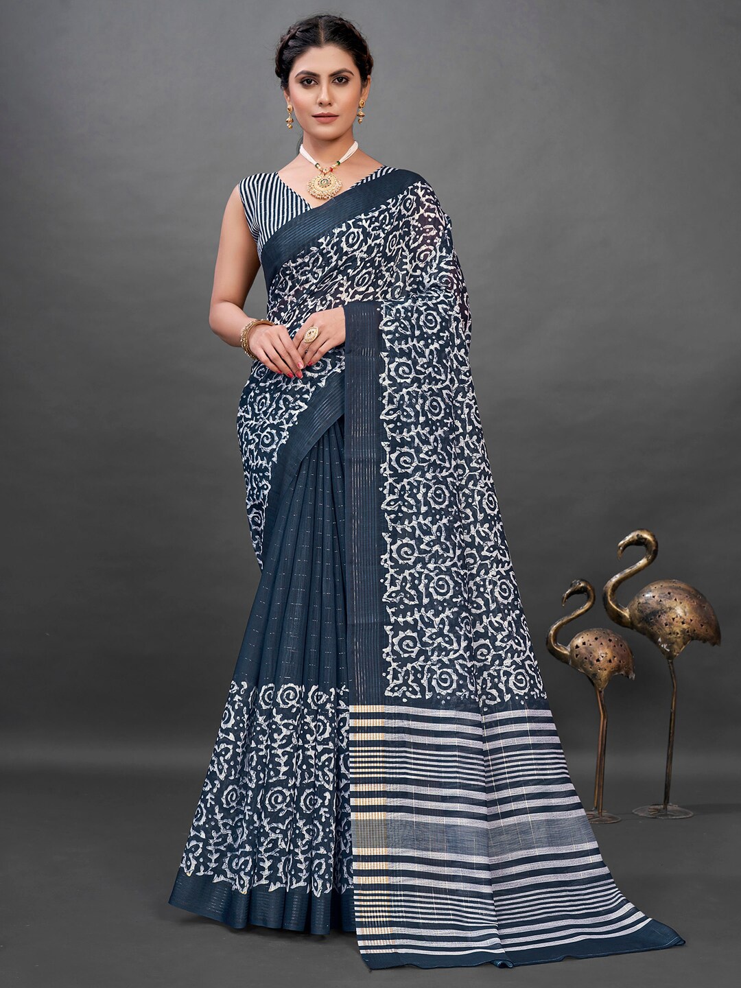 

Mitera Navy Blue & White Ethnic Motifs Zari Block Print Saree