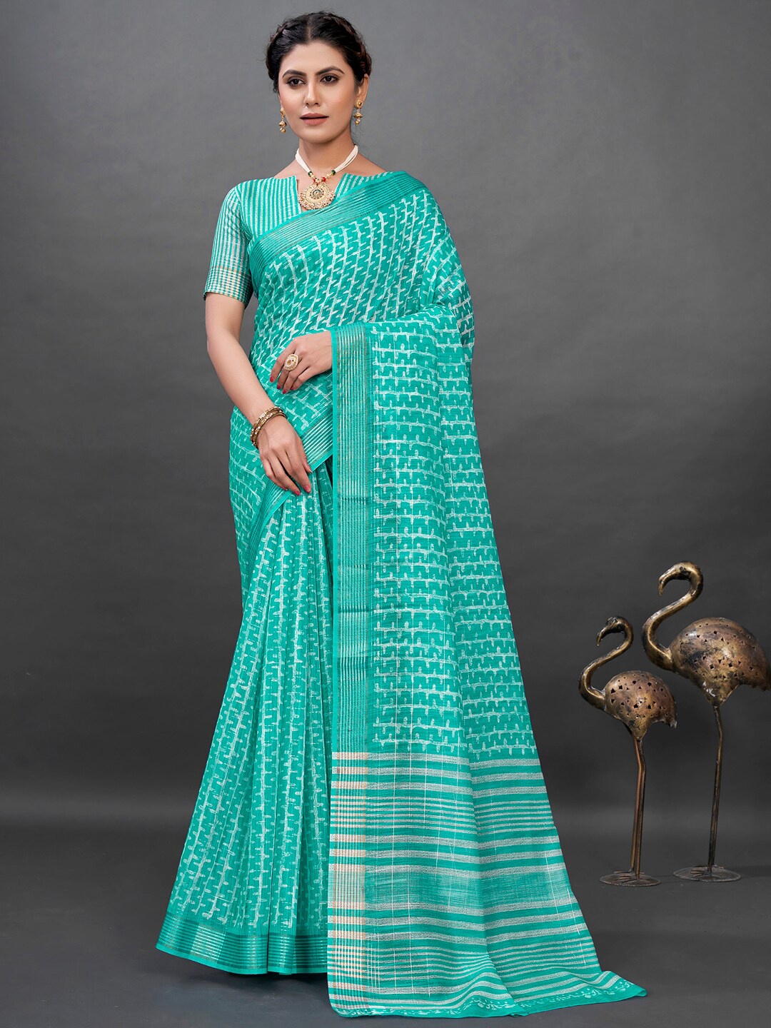 

Mitera Turquoise Blue & White Ethnic Motifs Zari Block Print Saree