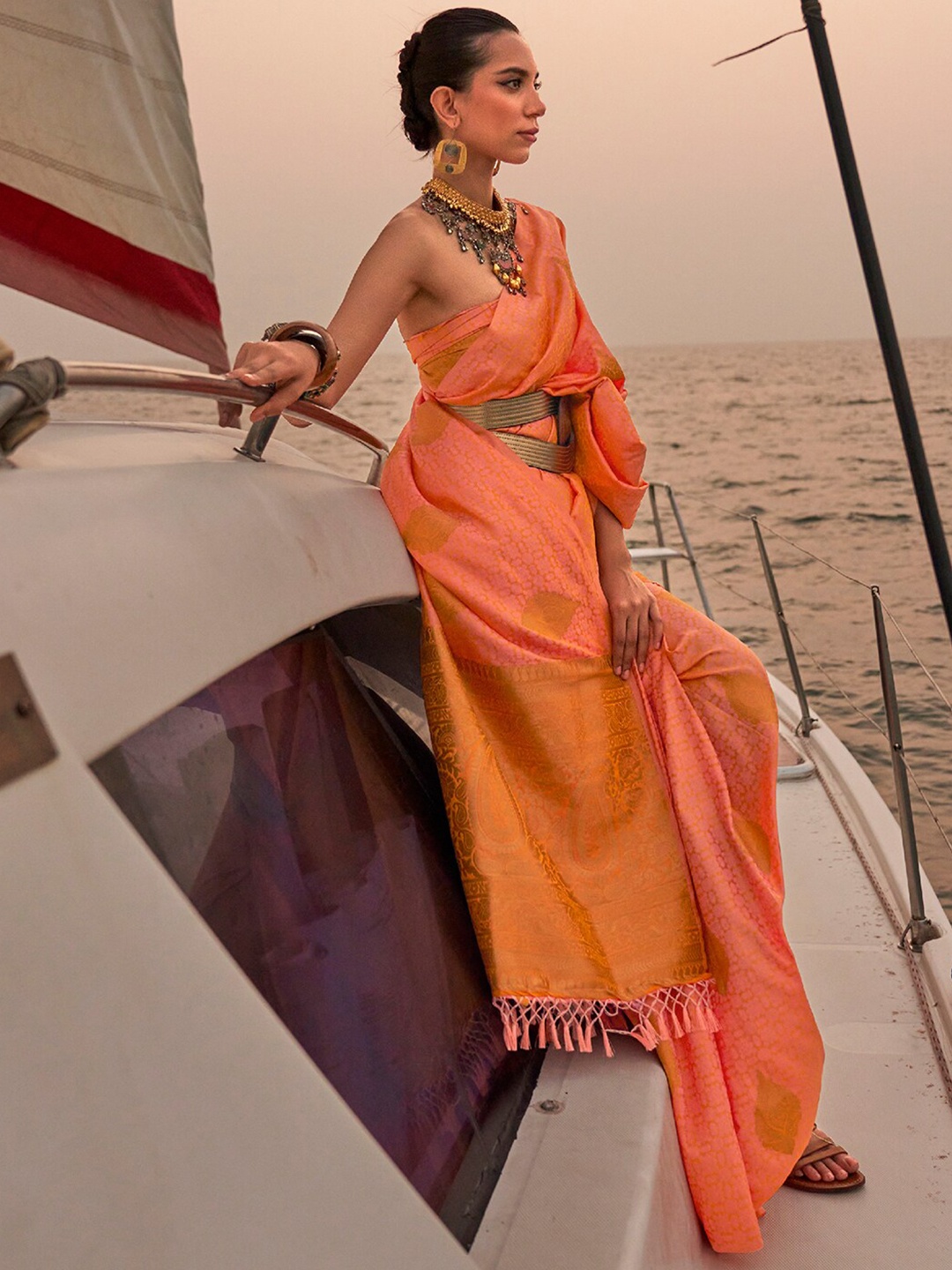 

Mitera Peach-Coloured & Gold-Toned Ethnic Motifs Woven Design Zari Banarasi Saree