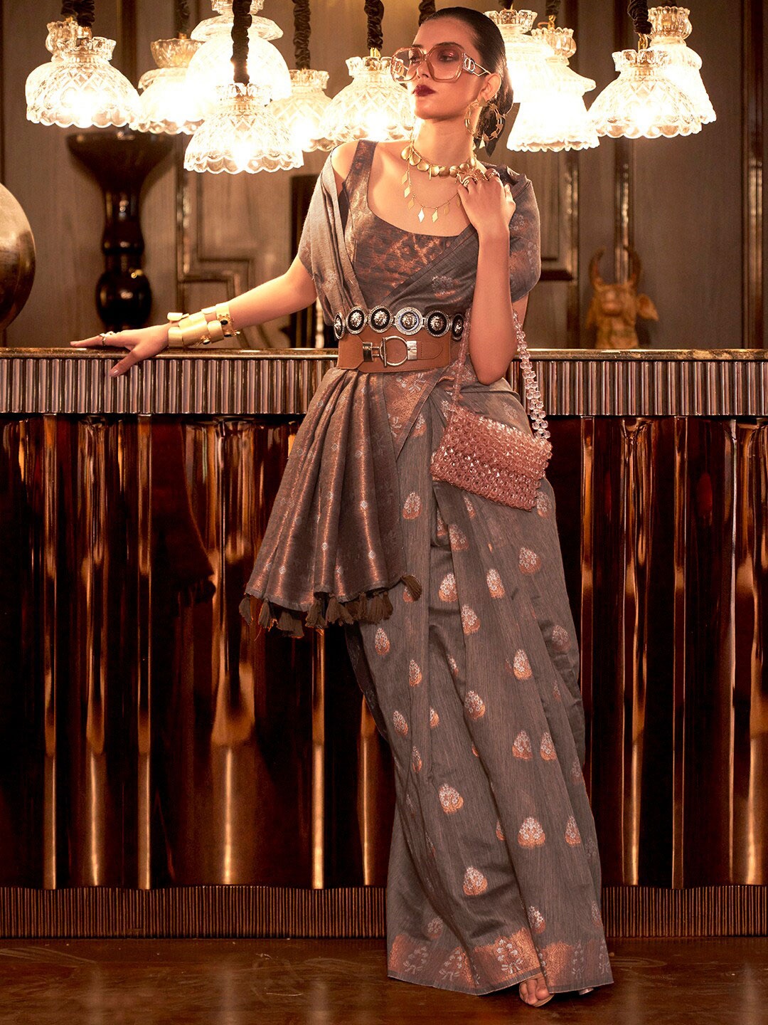

Mitera Brown & Gold-Toned Ethnic Motifs Woven Design Zari Poly Linen Banarasi Saree
