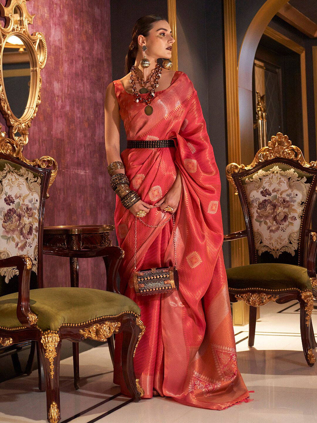 

Mitera Pink & Gold-Toned Ethnic Motifs Woven Design Zari Banarasi Saree