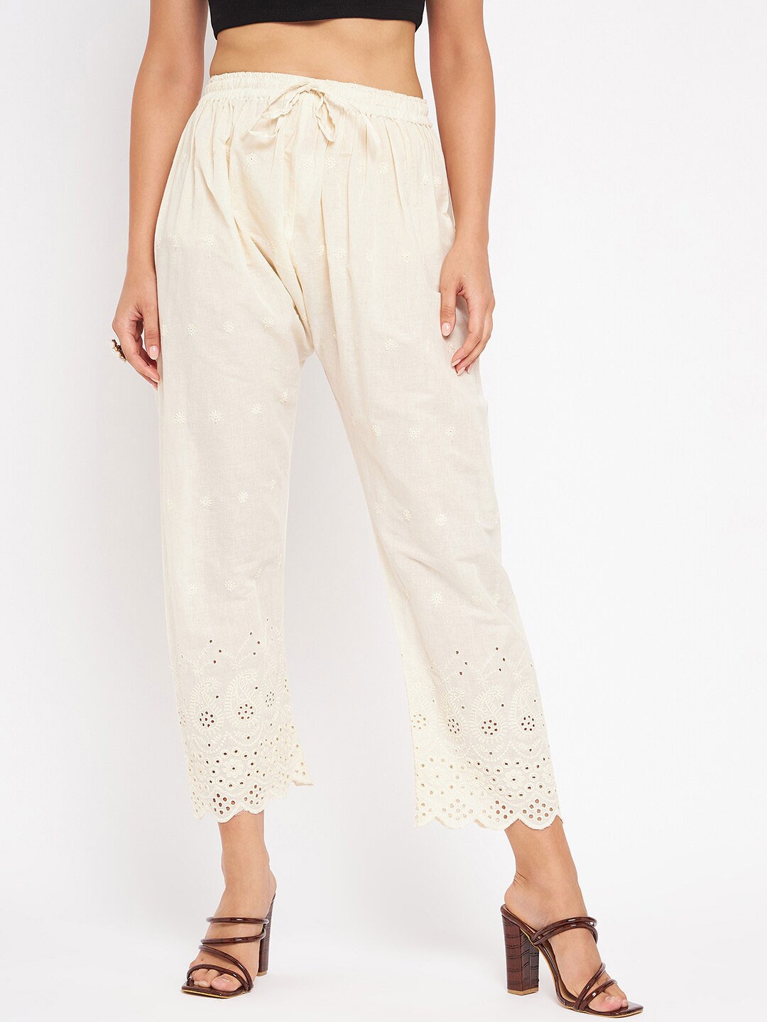 

Castle Lifestyle Women Mid-Rise Floral Embroidered Knitted Palazzos, Off white