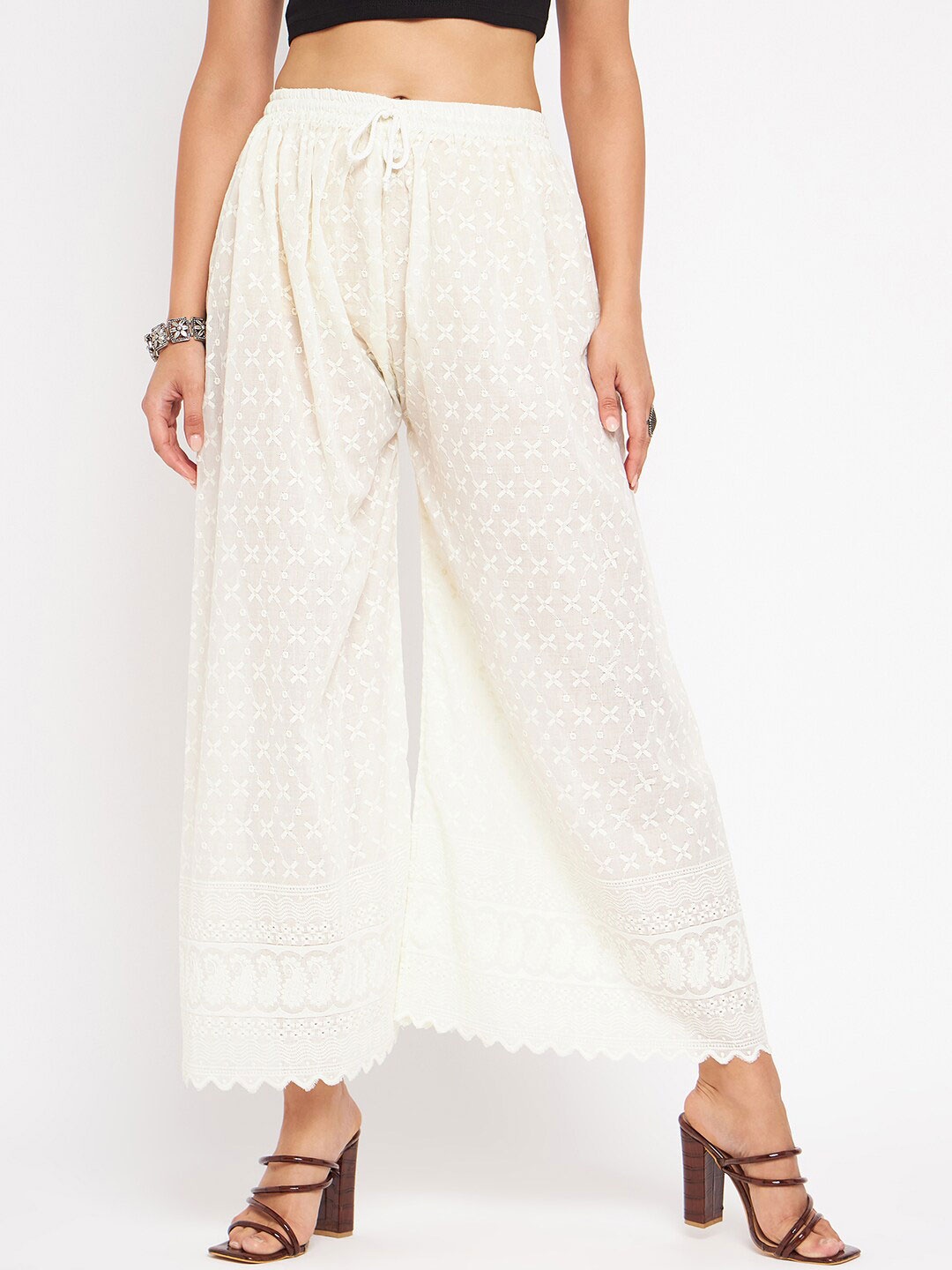 

Castle Lifestyle Women Mid-Rise Ethnic Embroidered Flared Knitted Palazzos, Off white