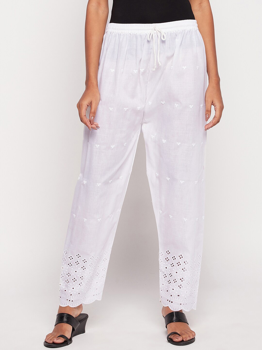 

Castle Lifestyle Women Mid-Rise Floral Embroidered Knitted Palazzos, White