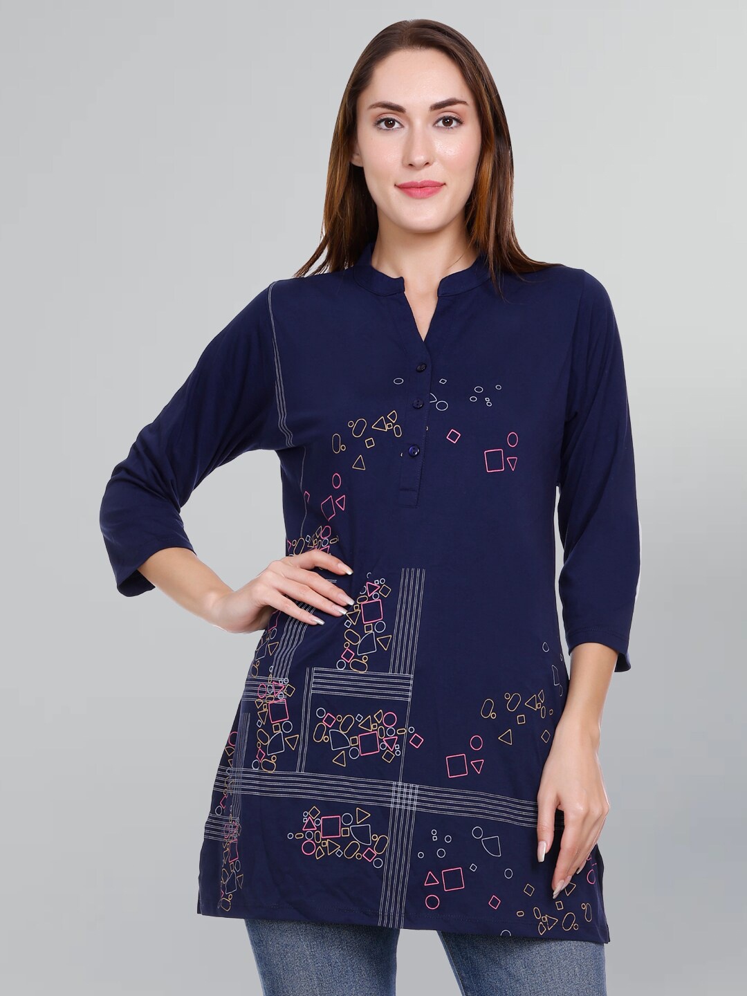

GODFREY Mandarin Collar Geometric Printed Pure Cotton Kurti, Navy blue
