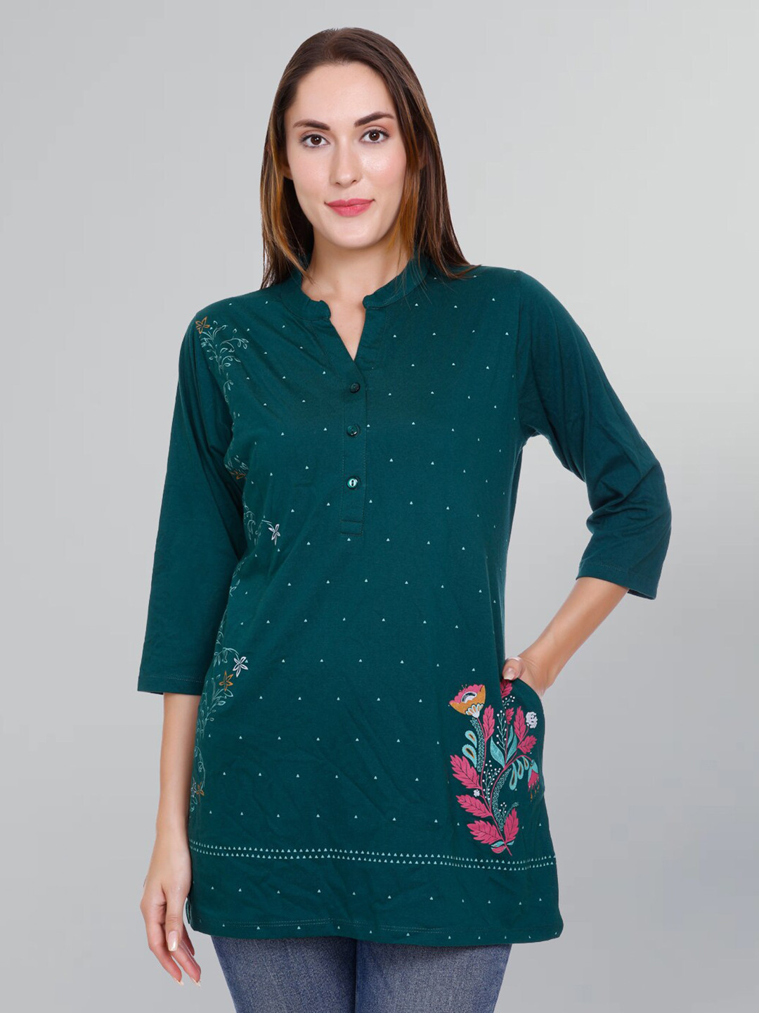 

GODFREY Mandarin Collar Floral Printed Pure Cotton Brocade Kurti, Olive