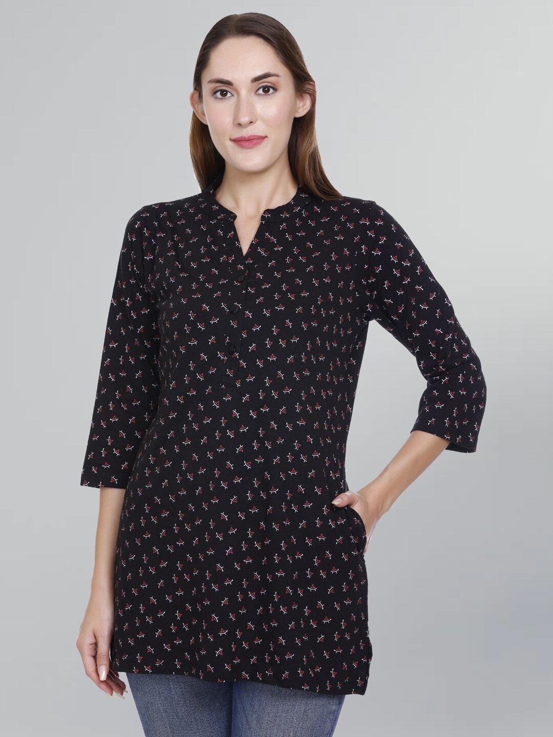 

GODFREY Mandarin Collar Quirky Printed Pure Cotton Brocade Kurti, Black