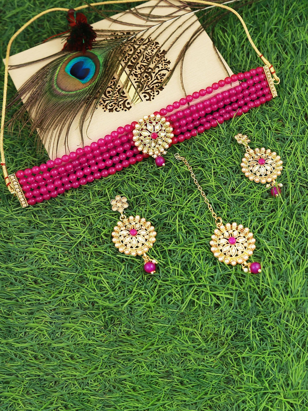 

MANSIYAORANGE Set Of 2 Gold-Plated Stone-Studded Jewellery Set With Maangtika