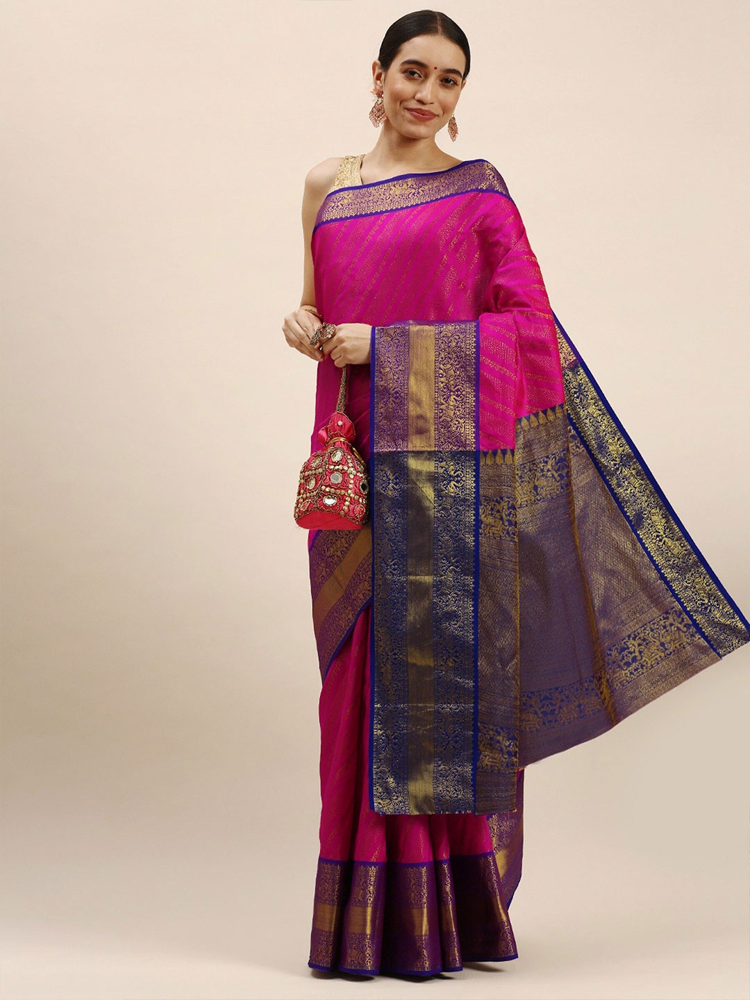 

AVANTIKA FASHION Ethnic Motif Woven Design Zari Pure Silk Kanjeevaram Saree, Pink