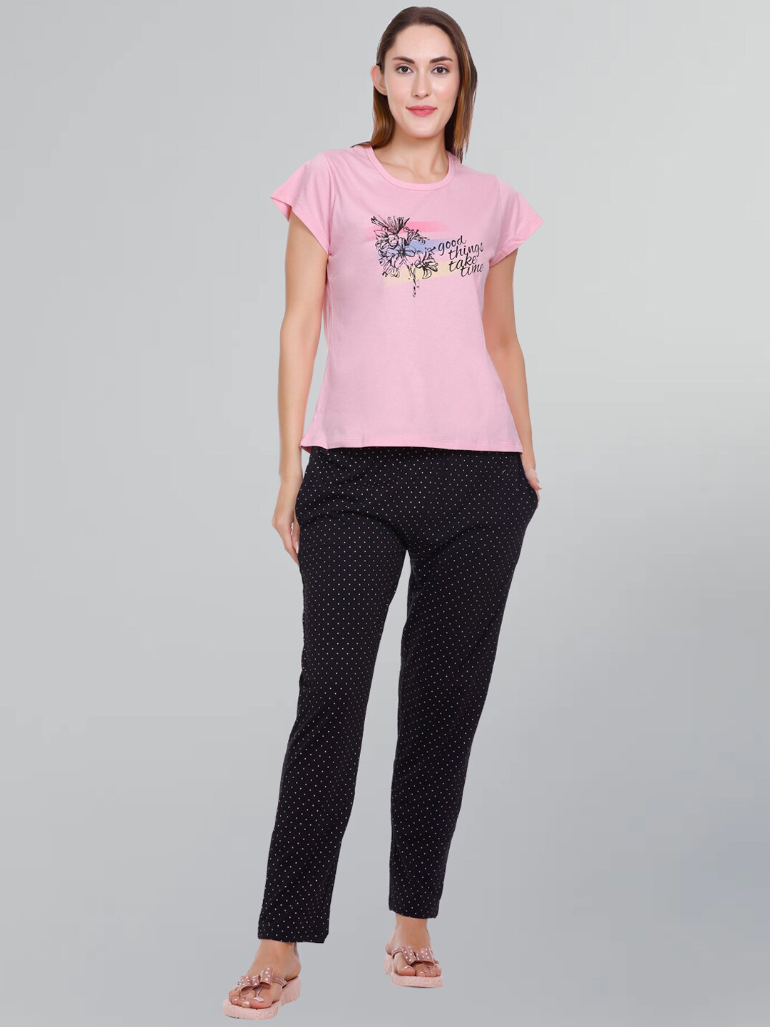 

GODFREY Floral Printed Pure Cotton Night Suit, Pink