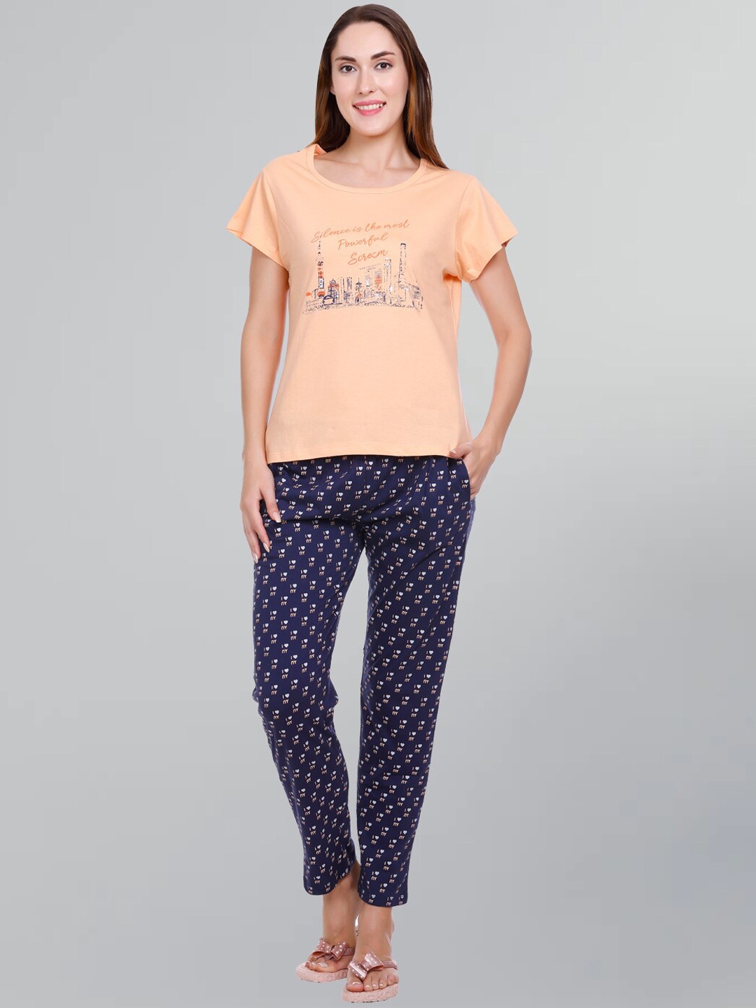 

GODFREY Graphic Printed Pure Cotton Night Suit, Peach
