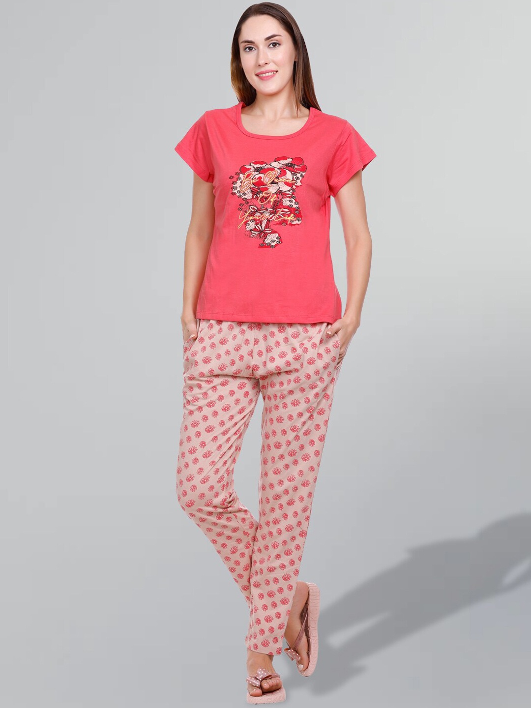 

GODFREY Floral Printed Pure Cotton Night Suit, Coral