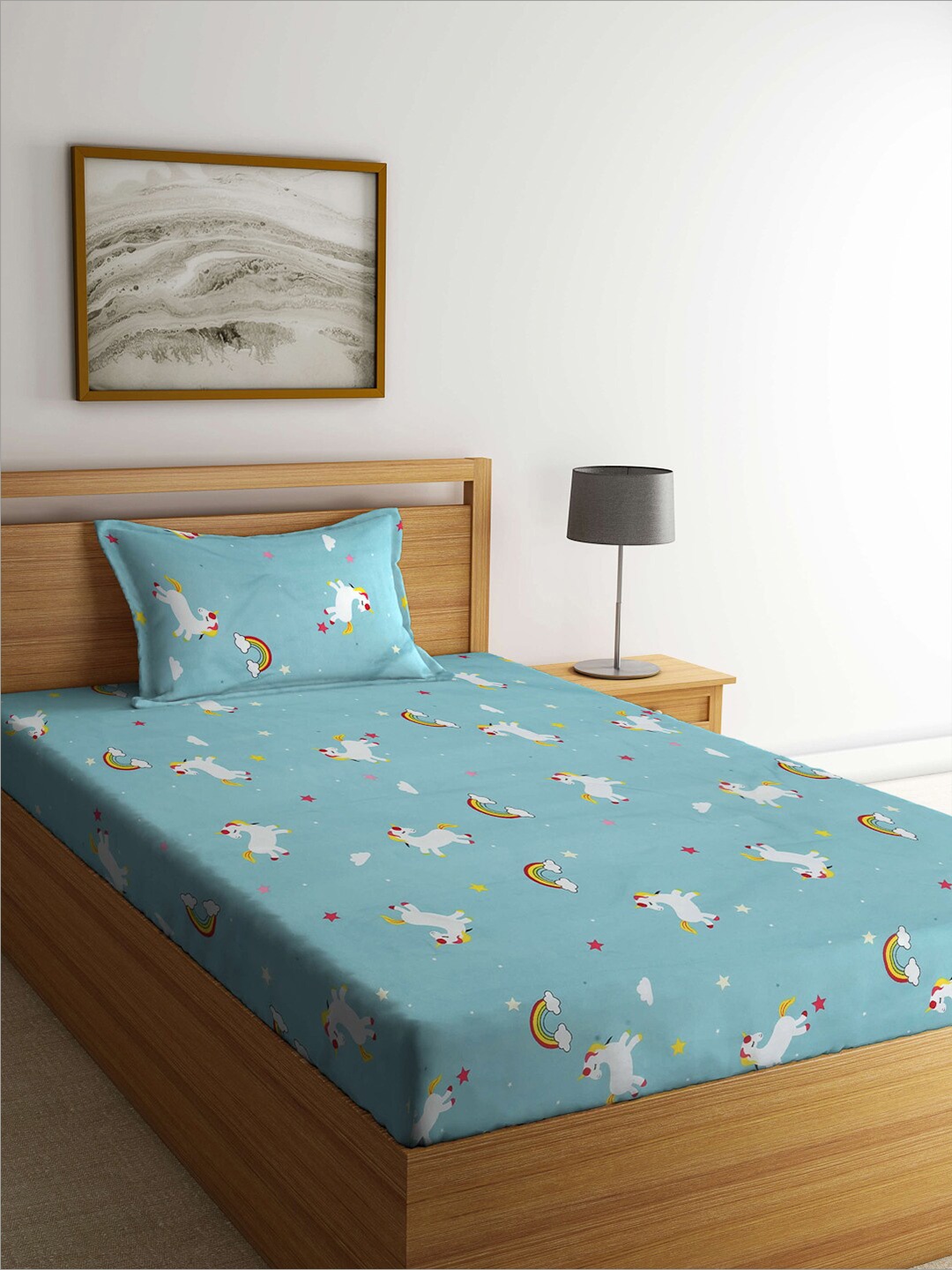 

KLOTTHE Blue & White Printed 300TC Fitted Single Bedsheet With Pillow Cover