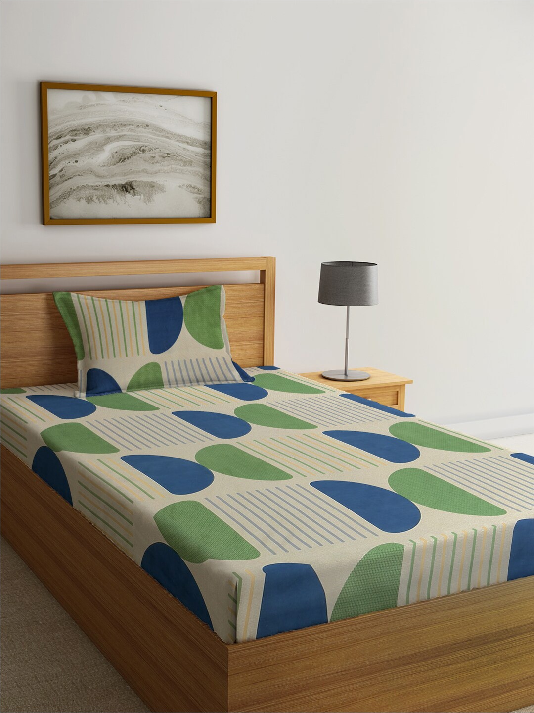 

KLOTTHE Green & Blue Printed Fitted 300 TC Single Bedsheet & 1 Pillow Cover