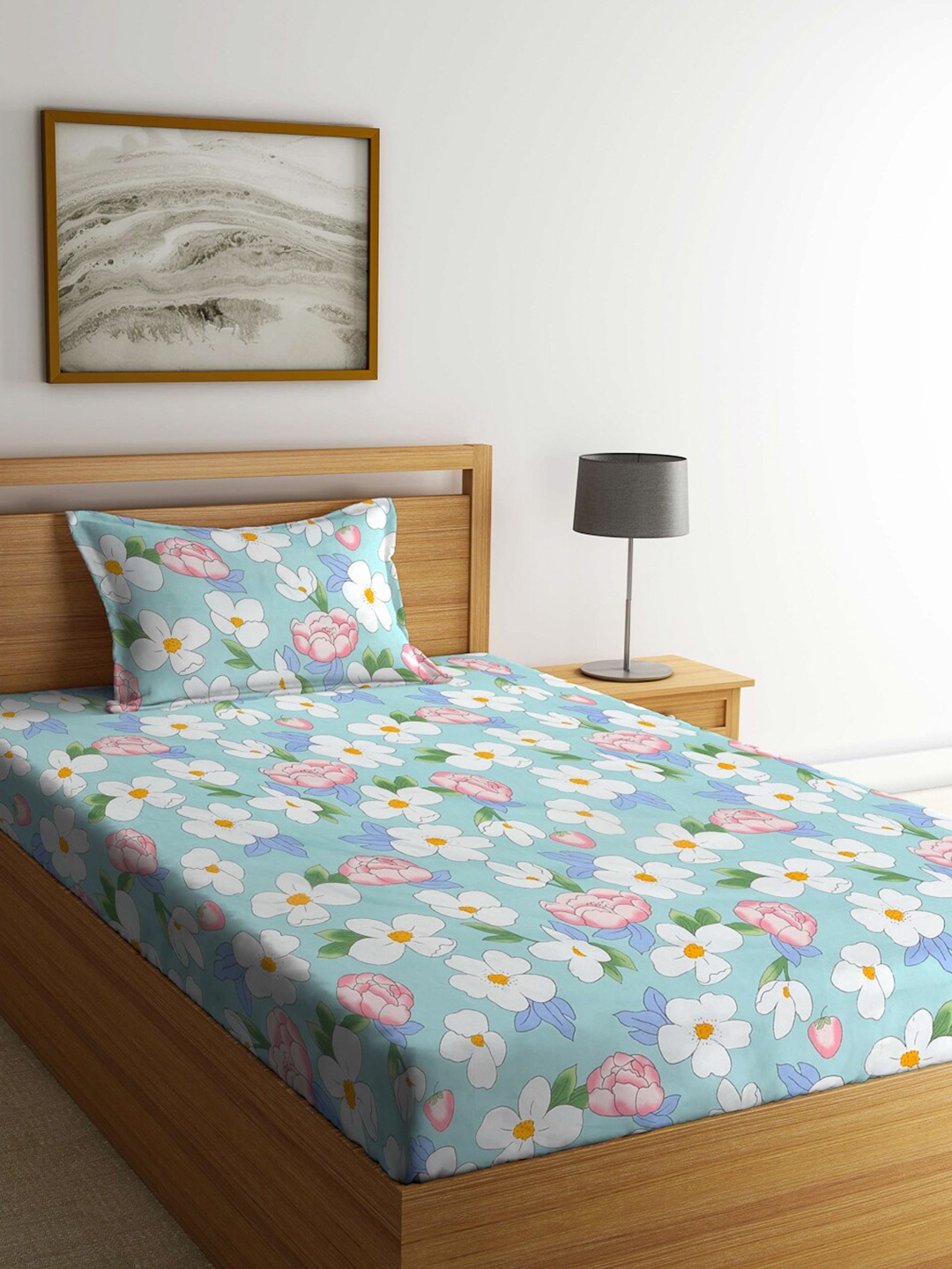 

KLOTTHE Blue & White Floral Printed 300TC Fitted Single Bedsheet With Pillow Cover
