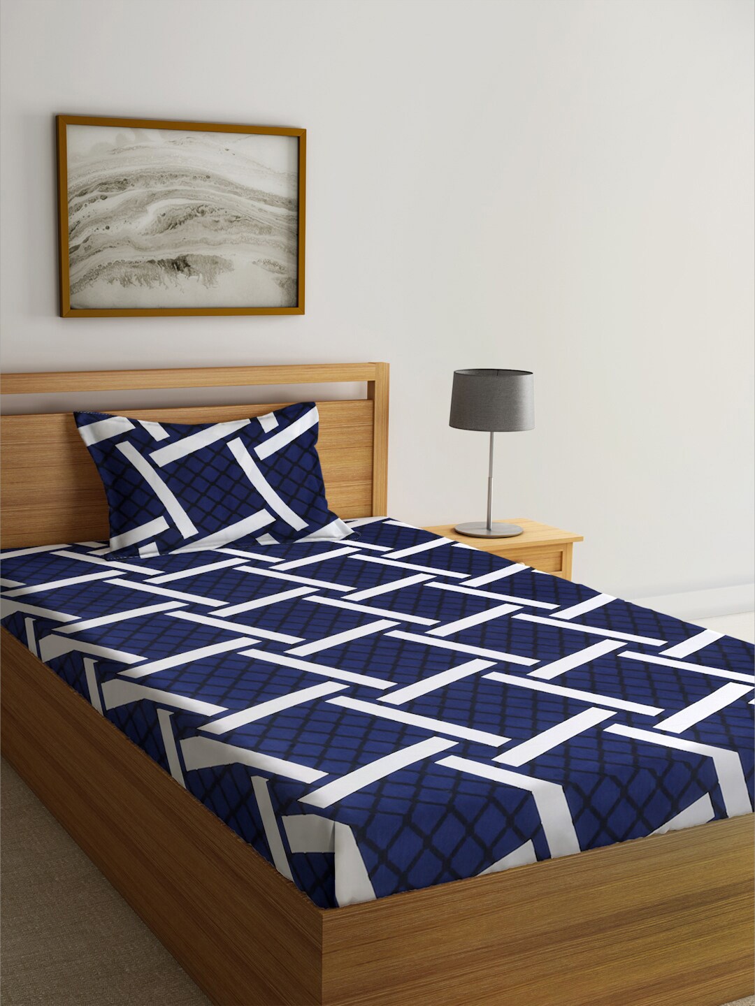

KLOTTHE Book Fold Blue & White Geometric 300TC Fitted Single Bedsheet With 1 Pillow Cover