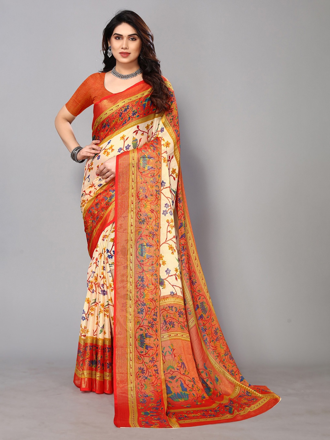 

FABMORA Floral Printed Zari Pure Chiffon Saree, Red