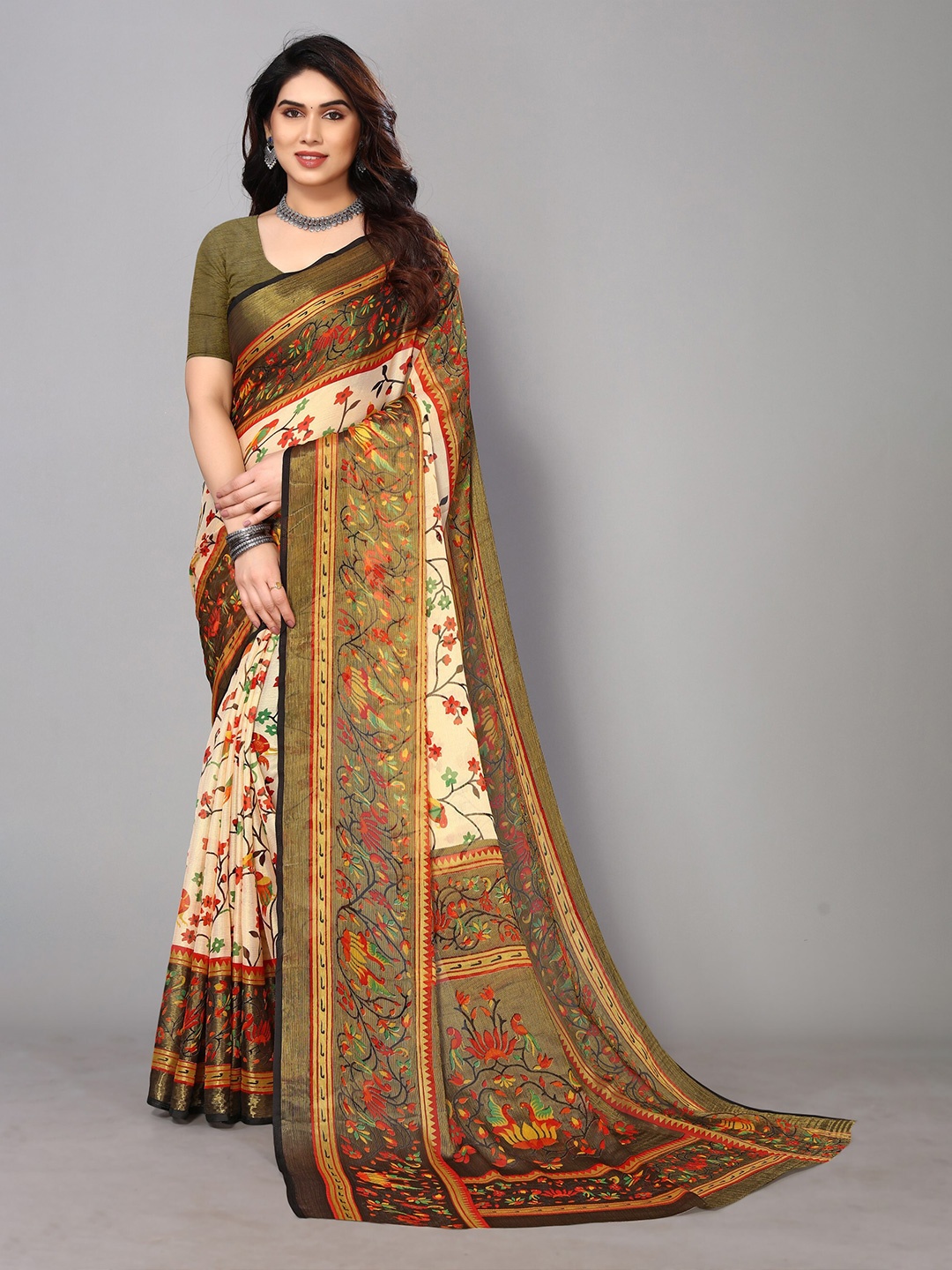 

FABMORA Floral Printed Pure Chiffon Saree, Brown