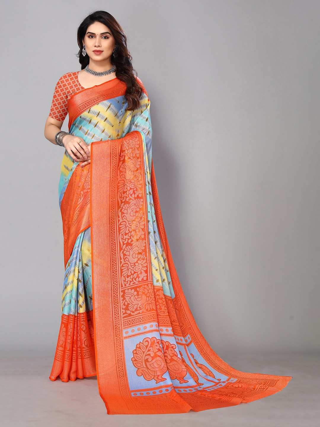 

FABMORA Printed Zari Pure Chiffon Brasso Saree, Orange