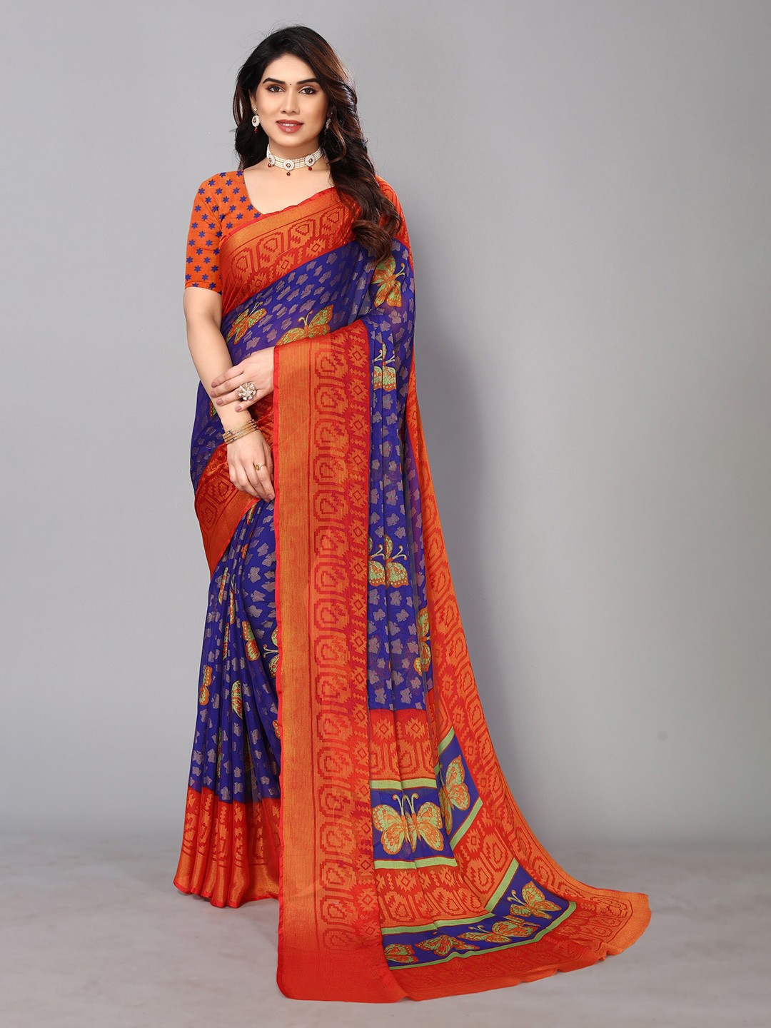 

FABMORA Ethnic Printed Zari Pure Chiffon Brasso Saree, Blue