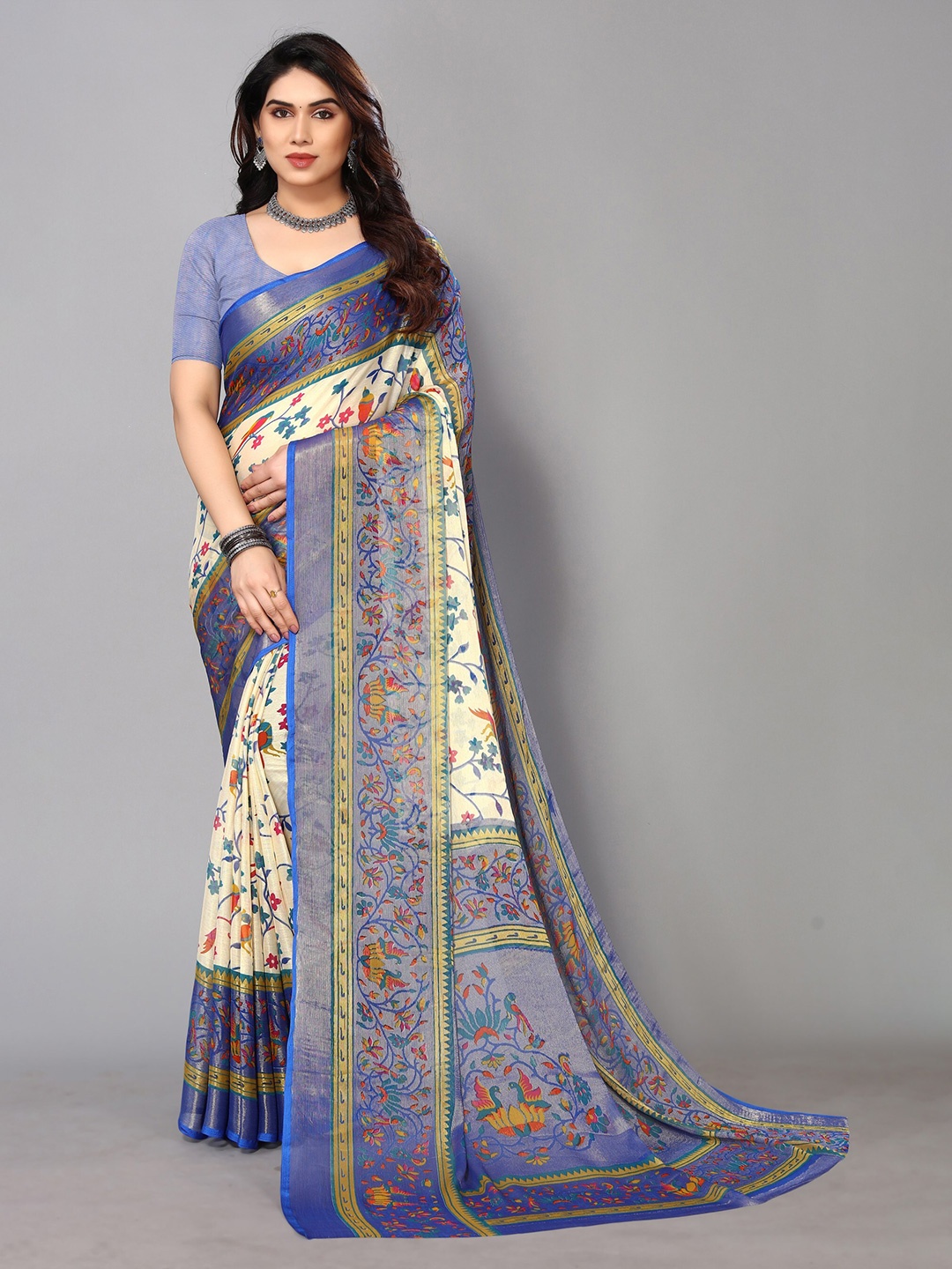 

FABMORA Floral Printed Zari Pure Chiffon Brasso Saree, Cream