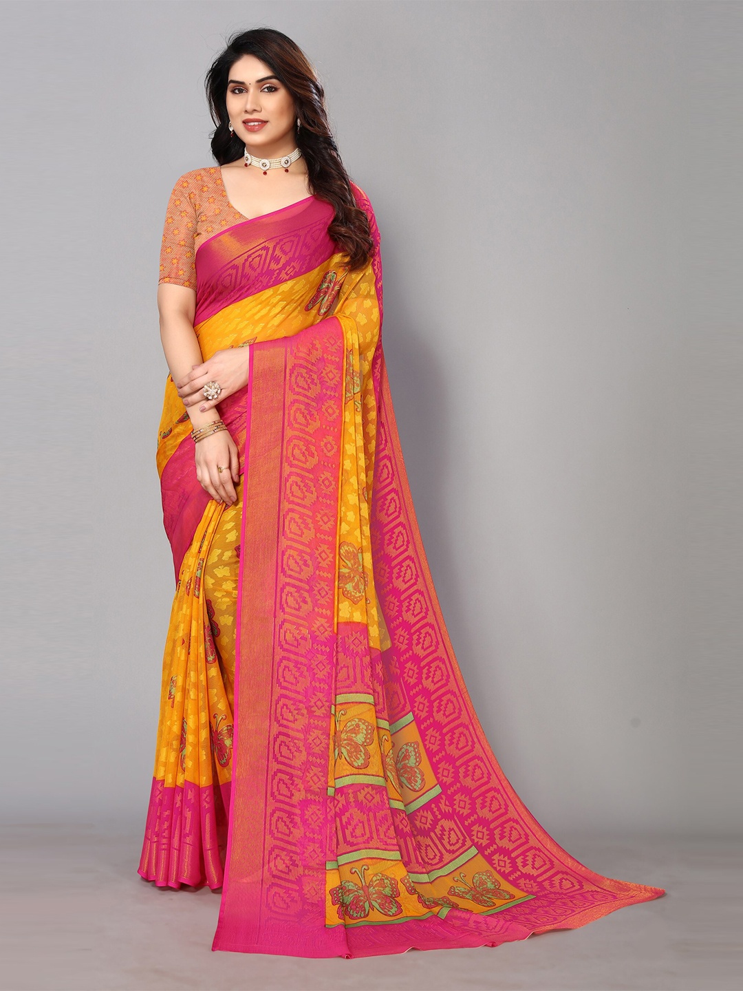 

FABMORA Ethnic Printed Zari Pure Chiffon Brasso Saree, Yellow