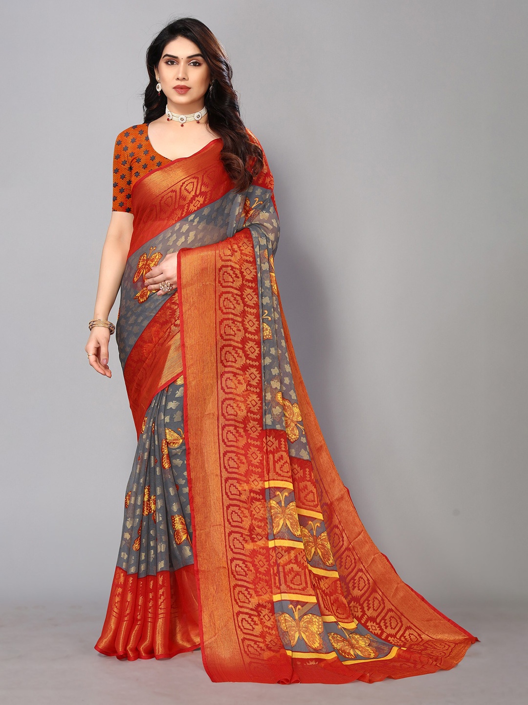 

FABMORA Ethnic Printed Zari Pure Chiffon Brasso Saree, Grey